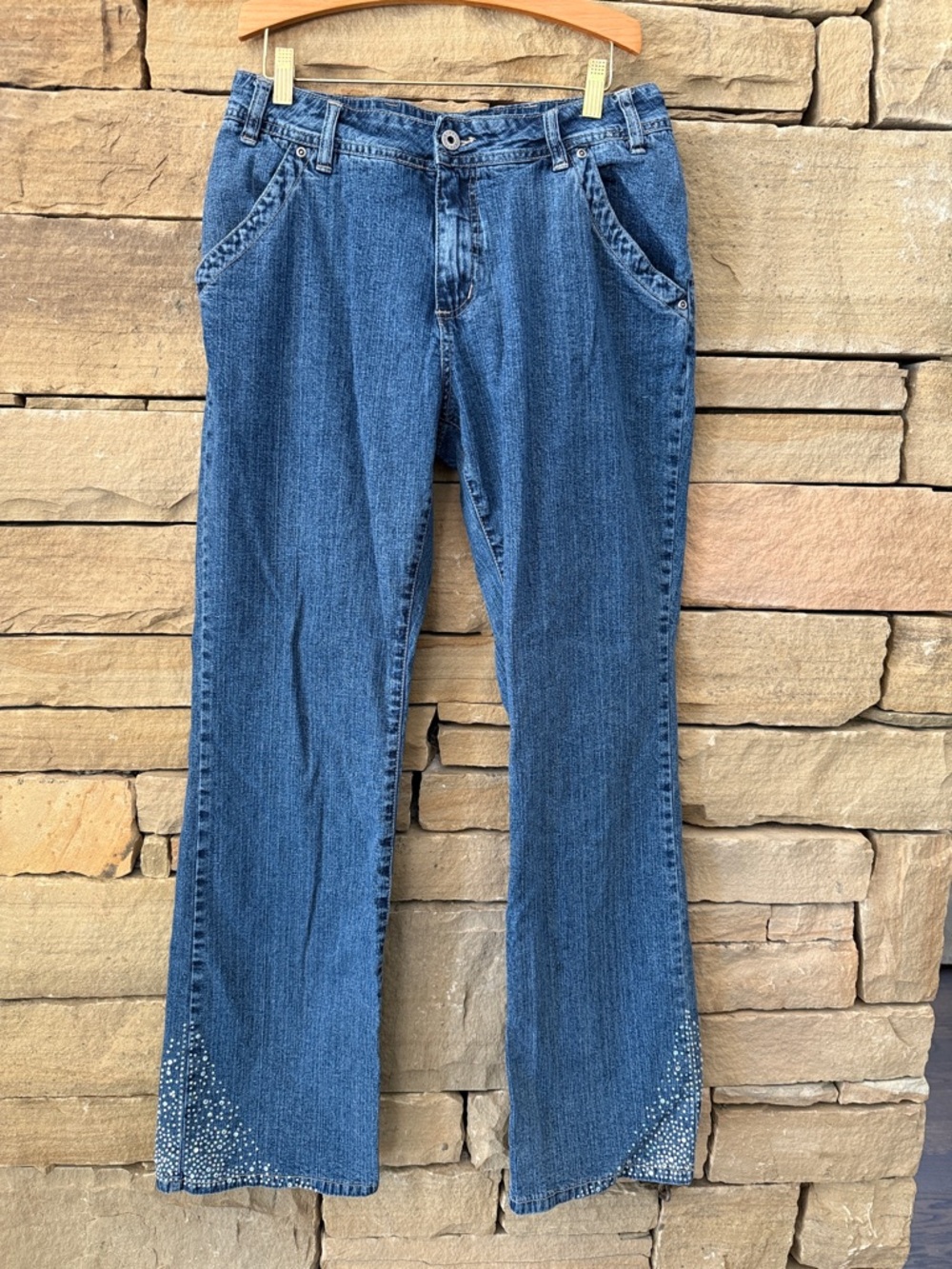 Ethyl Y2K Bedazzled Flare Leg, Mid Rise Blue Denim Jeans, Embellished Bling Hem